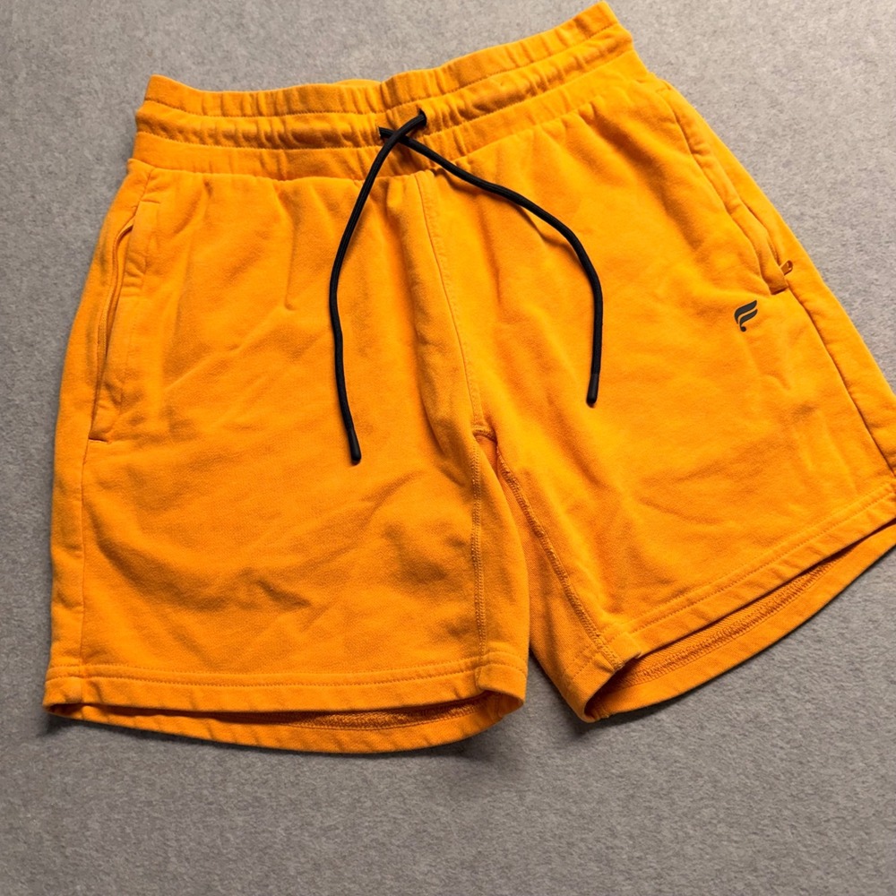 Fabletics Mens French Terry Athletic Shorts Orange Mustard Pockets Size S - Picture 2 of 8
